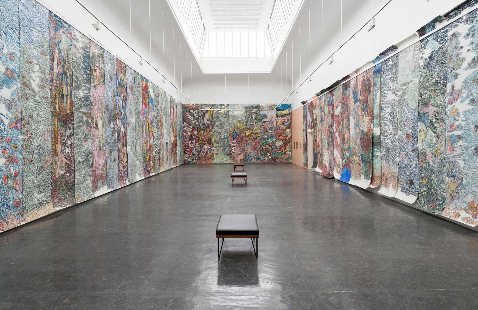 You Are Something Else (2017) by Vanessa Baird.
Soft pastels on printing paper, each 400 x 124 cm (157,48 x 48,81 inches) Installation view from Kunstnernes Hus. Photo courtesy of: Kristina Leithe / Kunstnernes Hus