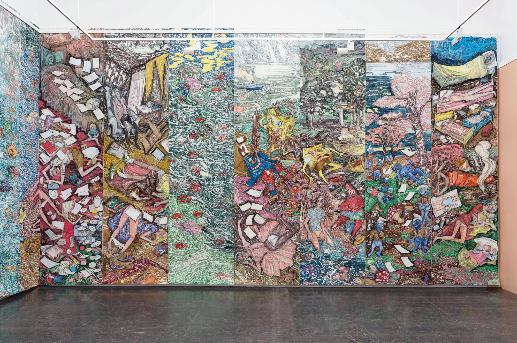 You are something else (2017) by Vanessa Baird.
Soft pastels on printing paper, each 400 x 124 cm (157,48 x 48,81 inches) Installation view from Kunstnernes Hus. Photo courtesy of: Kristina Leithe / Kunstnernes Hus