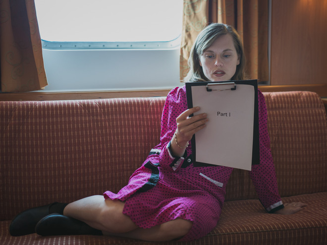 Midnight Slump, performance by Hanne Lippard in a cabin on Hurtigruten presented by Stavanger Kunsthall. Photo: Valentinas Klimasauskas.