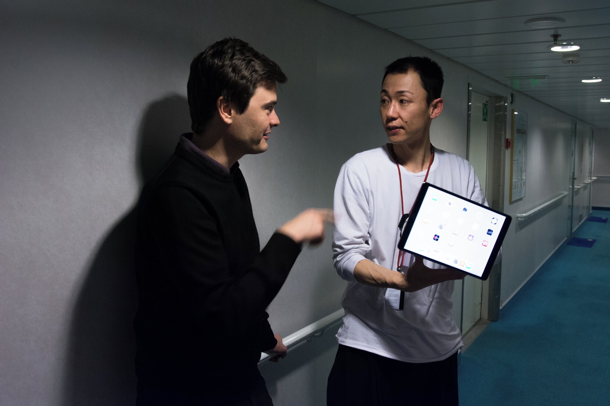 Curator of the second edition Charles Aubin and artist Daisuke Kosugi on board Hurtigruten. Photo: Laimonas Puisus
