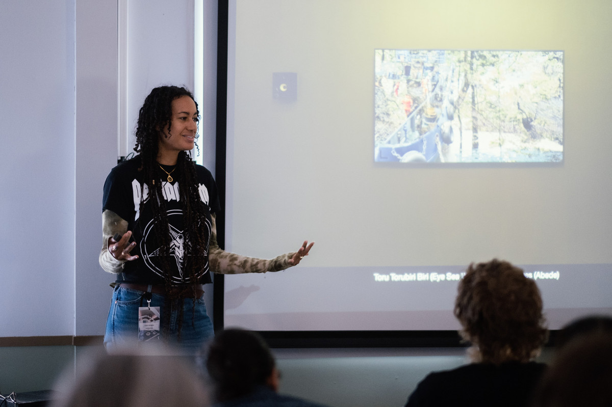 Linda Lamingnan giving an artist presentation at Sogndalstrand kulturhotel. Photo by Tiny Productions for Coast Contemporary.