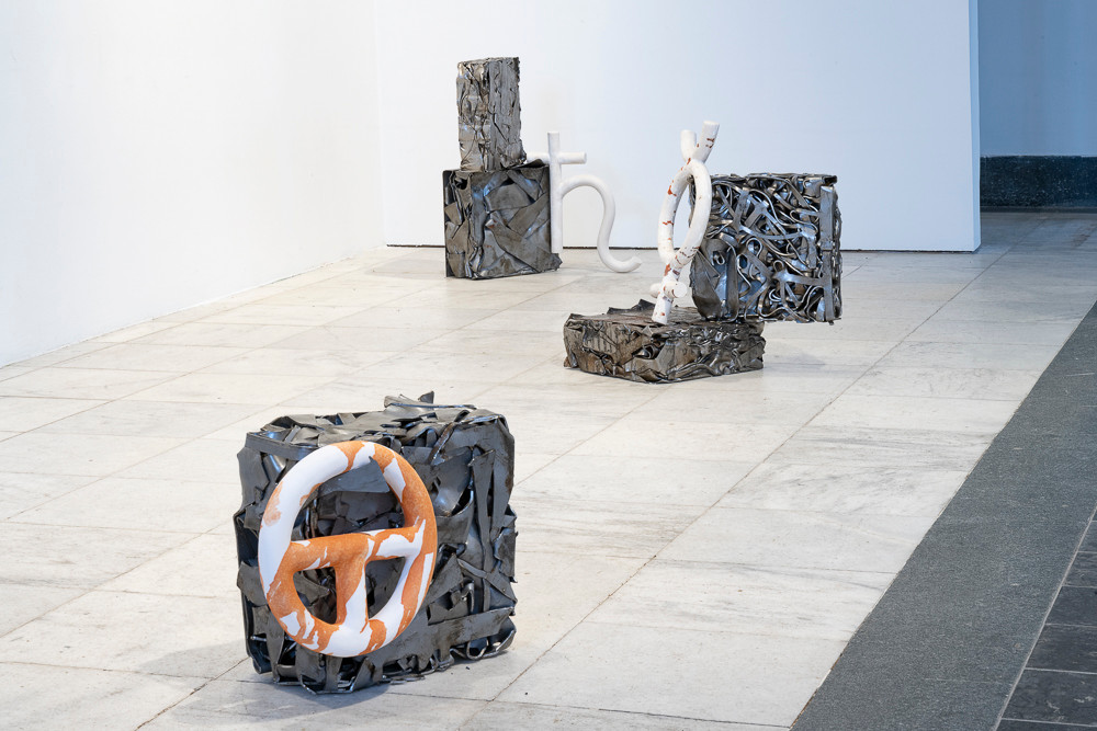 Gaea Norvegica. Marte Johnslien, 2023. Installation of found objects, architectural drawings of alchemy floors, and ceramic sculptures glazed with minerals and sulphate collected on field trips to the titanium dioxide industries in Norway. KRAFT, Bergen. Photo: Thor Brødreskift.