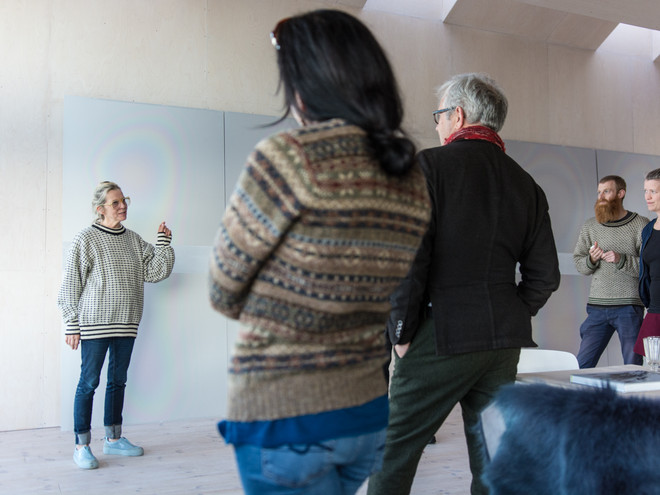 A K Dolven presenting her work to sci-fi author Simon Ings, Karen Gardiner and artists and founders of RAKE Trygve Ohren and Charlotte Rostad. Photo: Laimonas Puisys.