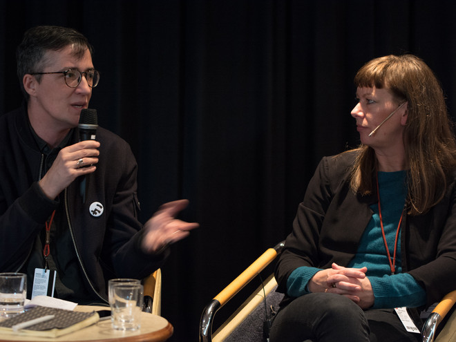 "Challenging the Boarders of Biennials"
A conversation with Paul B. Preciado, curator of Public Programs documenta 14, (Kassel and Athens), Andrea Linnenkohl from documenta 14, Heidi Ballet, co-curator of LIAF 2017 and Haakon Thuestad, Director of Bergen Assembly. Moderated by Trude Schelderup Iversen, KORO. From the first edition curated by Helga Marie Nordby and Tanja Sæter in 2017. 
Photo: Laimonas Puisys