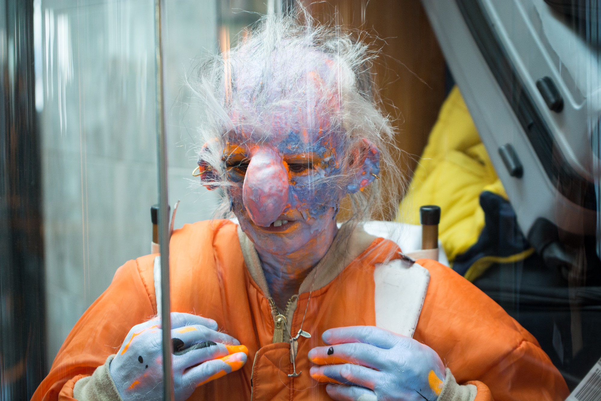 Troll stuck in the elevator.
Performance by Tori Wrånes during the first edition, 2017.
Photo: Laimonas Puisys.
