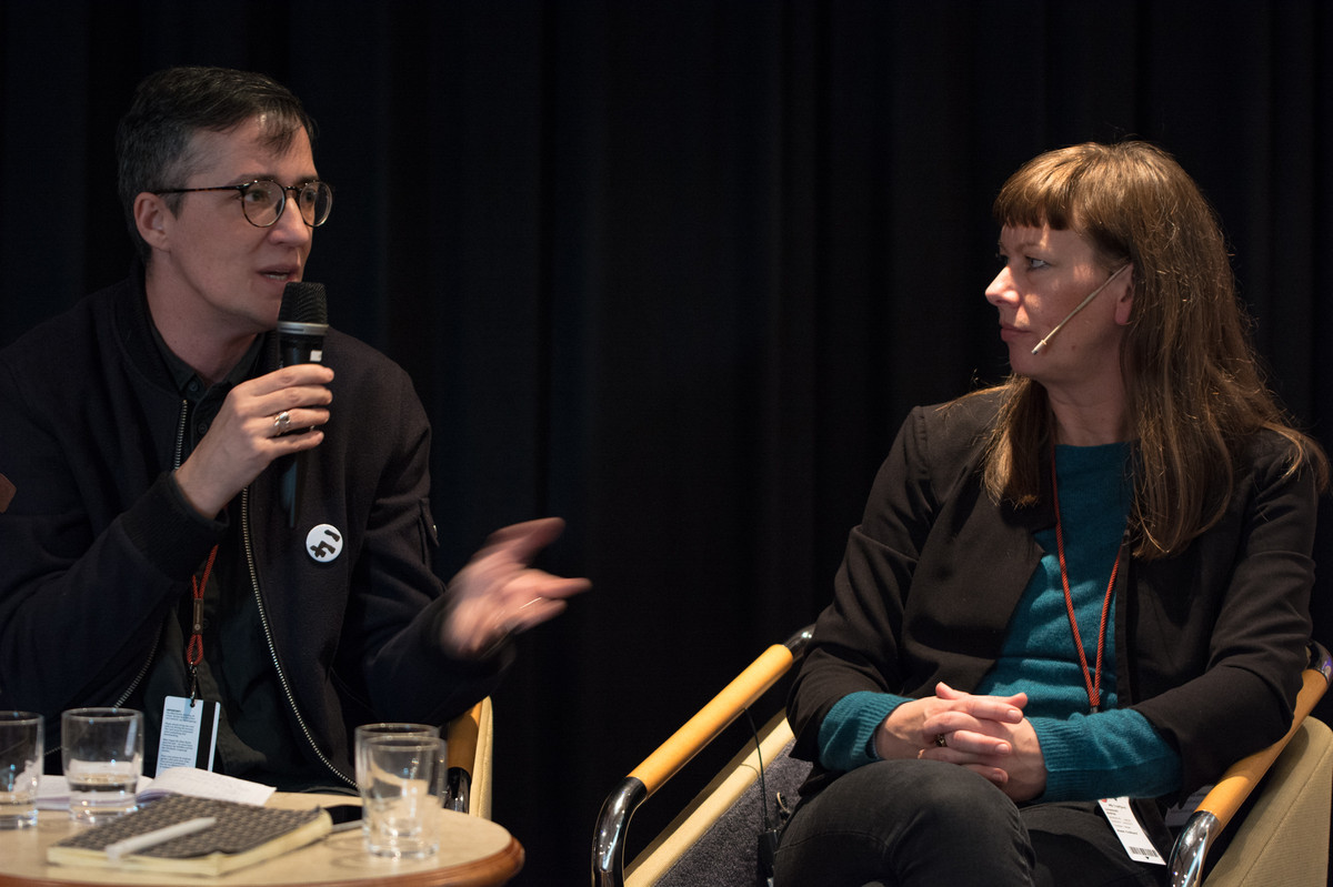 Curator Paul B. Preciado and curatorial advisor Andrea Linnenkohl from documenta14 participating in the conversation "Challenging the boarders of biennials", during Coasts first edition in 2017. Photo: Laimonas Puisys.