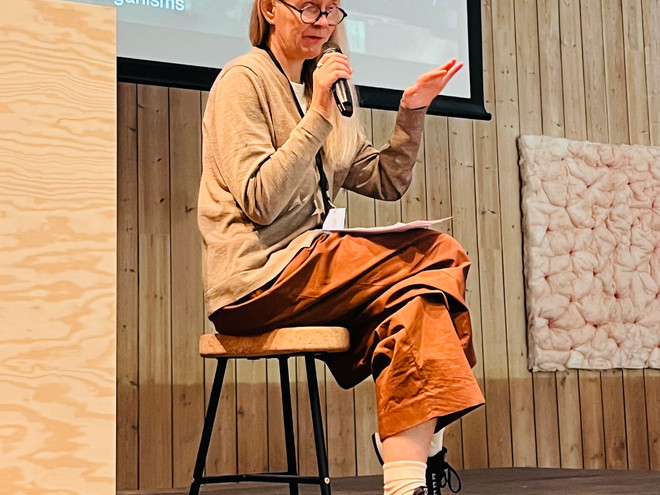 Unni Gjertsen speaking about her film More Bacteria Than I at Coast, 2024.