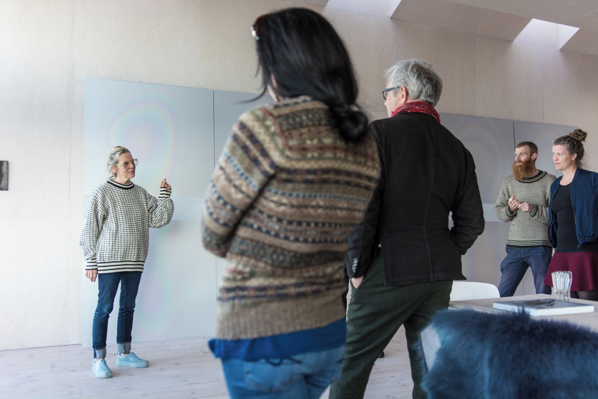A K Dolven presenting her work to sci-fi author Simon Ings, Karen Gardiner and artists and founders of RAKE Trygve Ohren and Charlotte Rostad. Photo: Laimonas Puisys.
