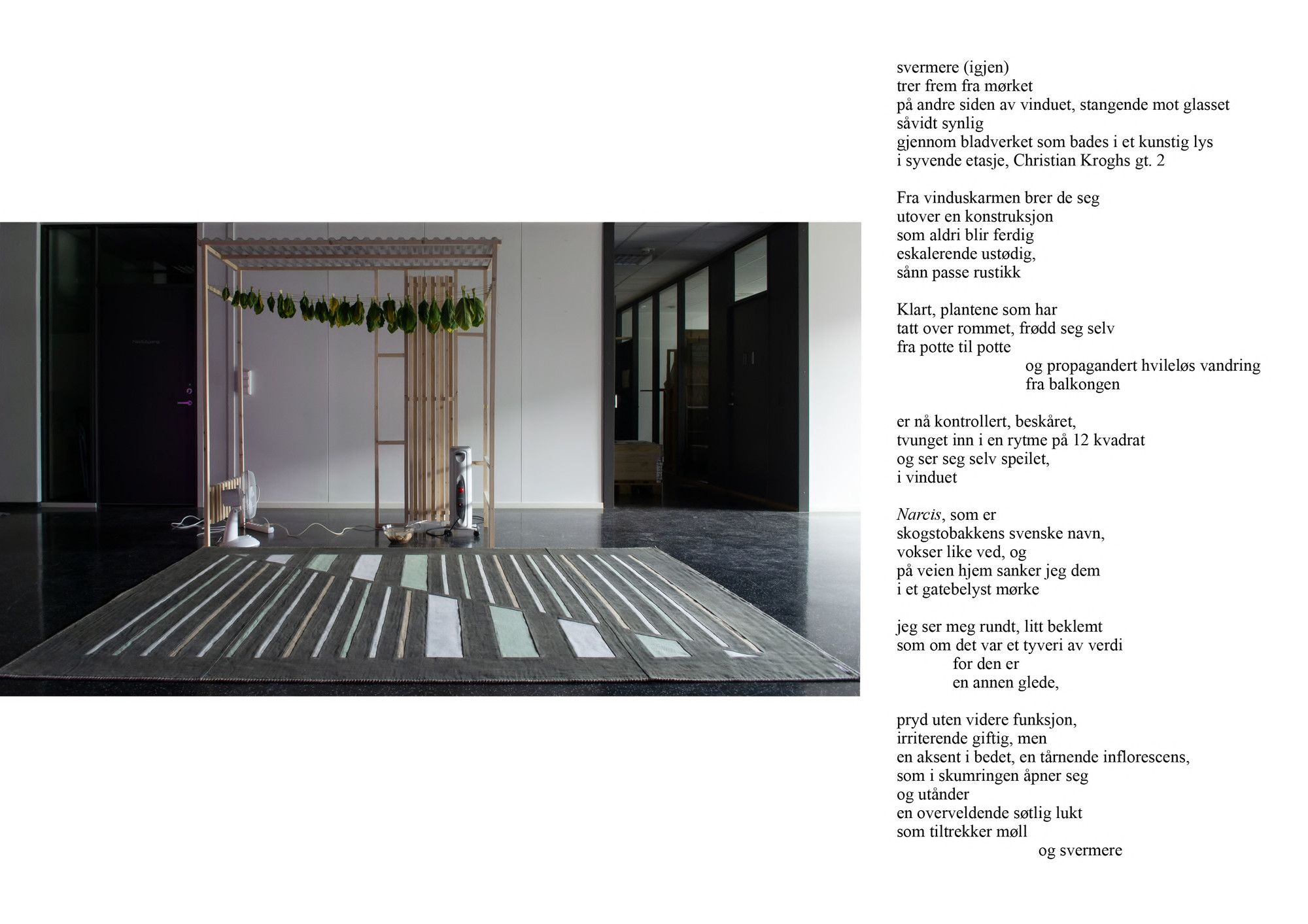 SVERMERE (IGJEN)
Svolvær Kunstforening, 2022. (utvidet) mannsdans. Hand dyed wool, latex, hemp thread, embroidered name tag, spruce, unbreakable plastic roof, electric fan, oil oven, leafs from self grown farmers tobacco (Nicotiana Rustica), cheese wax, bees wax, pigment, dammer resin, found glass bowl, water.