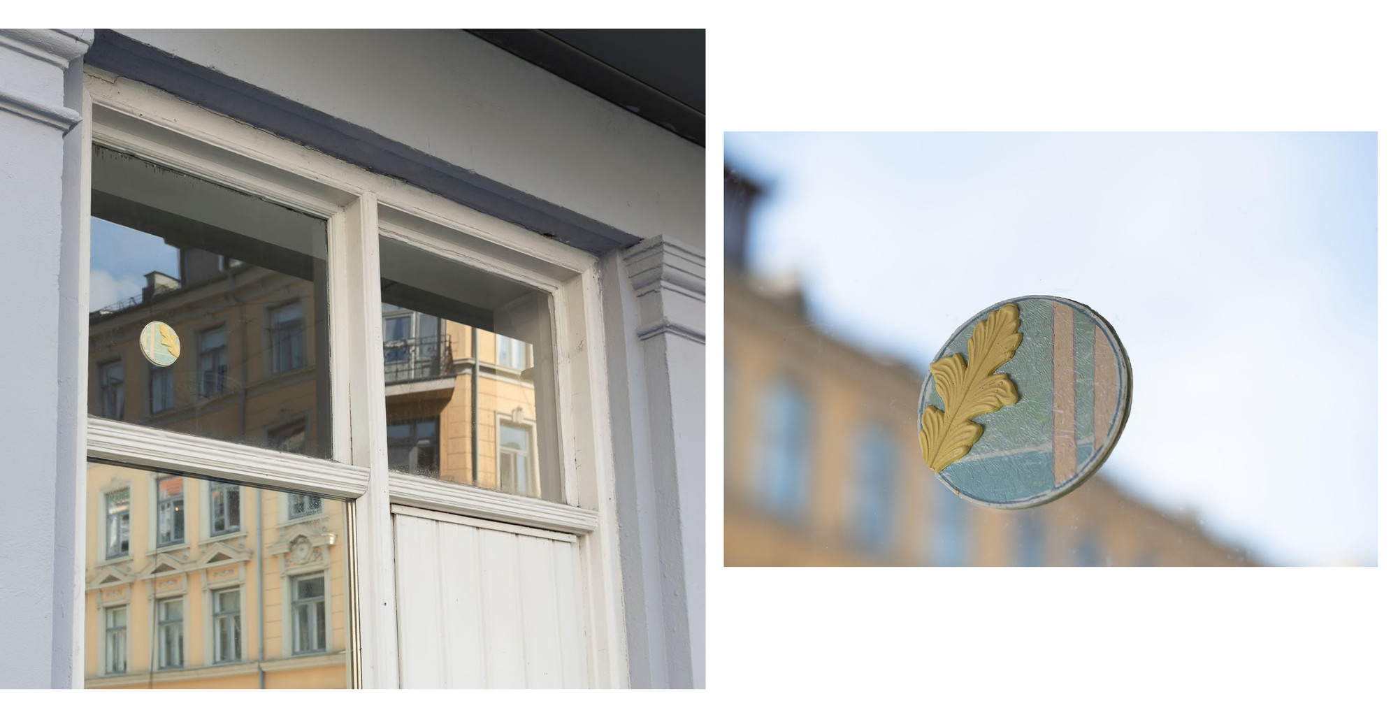 Refleksiv handling (2020). Cheese wax, beeswax, carnauba wax, dammer resin, pigment, pulverized marmorino, plastic sheet (two mirrored images mounted on innside and outside of window). Photo: Istvan Virag